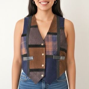 90s Suede Leather Trim Patchwork Vest Waistcoat Nan Elliot Vintage Size Small